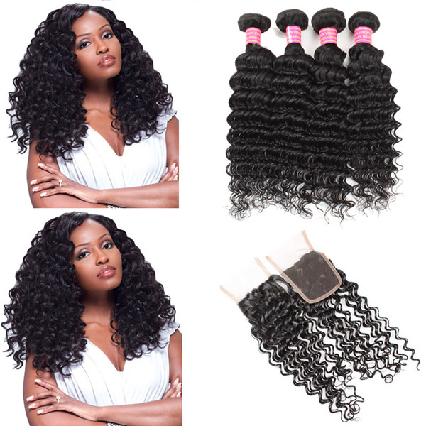 Wholesale 8A Brazilian Deep Wave 4 Pcs With 4*4 Swiss Lace Closure 100% Unprocessed Virgin Human Hair Extensions Free/Middle/Three Part