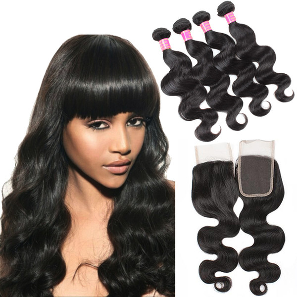 Wholesale Cheap 8A Brazilian Body Wave Human Hair Weaves Extensions 4 Bundles with Closure Free/Middle/3 Part Double Weft Dyeable Bleachable