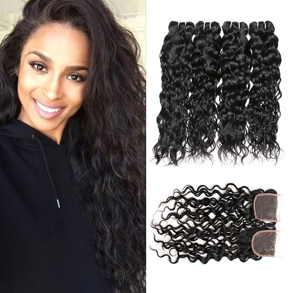 Water Wave Bundles with Closure 8A Brazilian Virgin Hair Wet and Wavy Hair Extensions 4 Bundles with 4x4 Lace Closure 5pcs lot