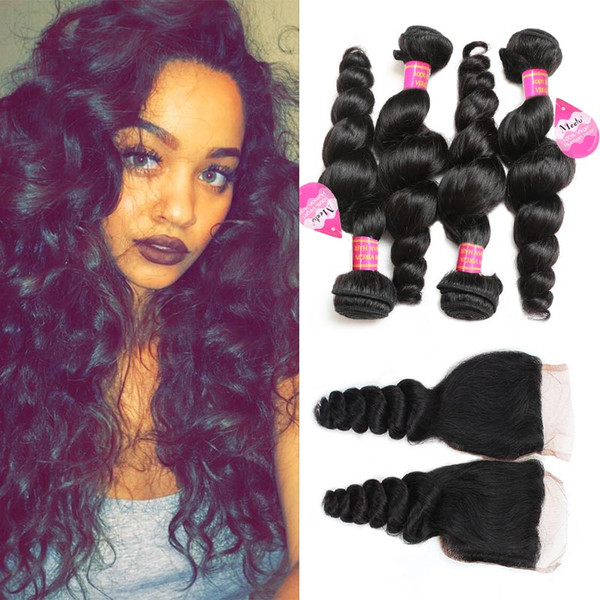 Brazilian Loose Wave Hair Weaves 4 Bundles with Closure Free Middle 3 Part Double Weft Loose Deep Wave Wavy Virgin Human Hair Extensions