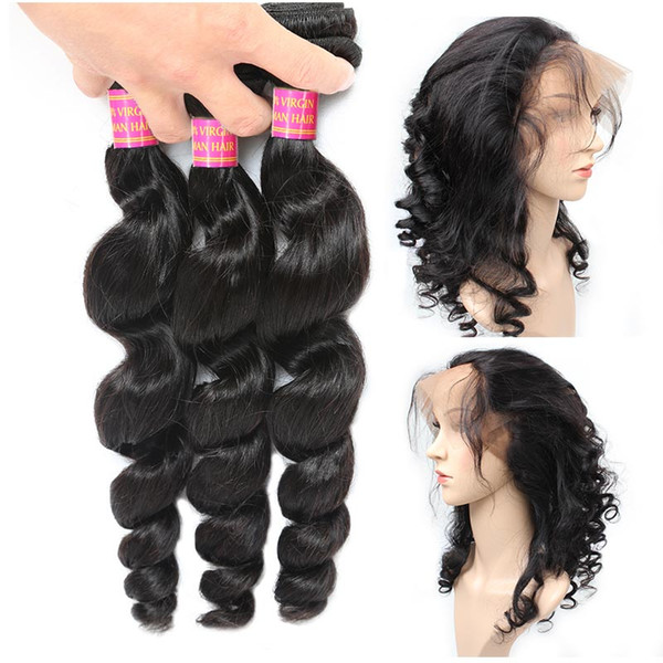 8A Peruvian Loose Wave Human Hair Weave with 360 Lace Frontal Closure Unprocessed Virgin Wavy Hair Extensions Weave Human Hair Natural Color