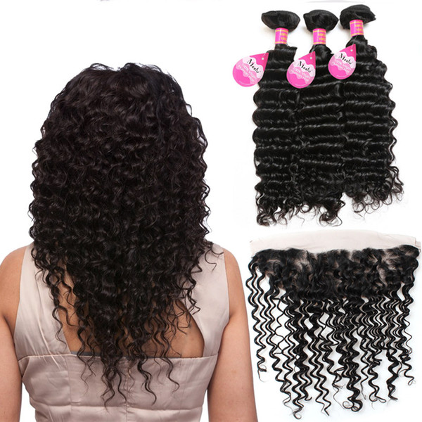 Wholesale 8A Peruvian Deep Wave 3 Bundles with 13x4 Ear to Ear Lace Frontal 100% Unprocessed Virgin Human Hair Extensions 