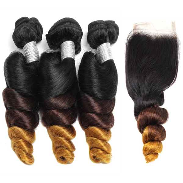 3 Tone Ombre Bundles with Closure Brazilian Virgin Ombre Loose Wave Human Hair Extensions with 4*4 Free Part Closure