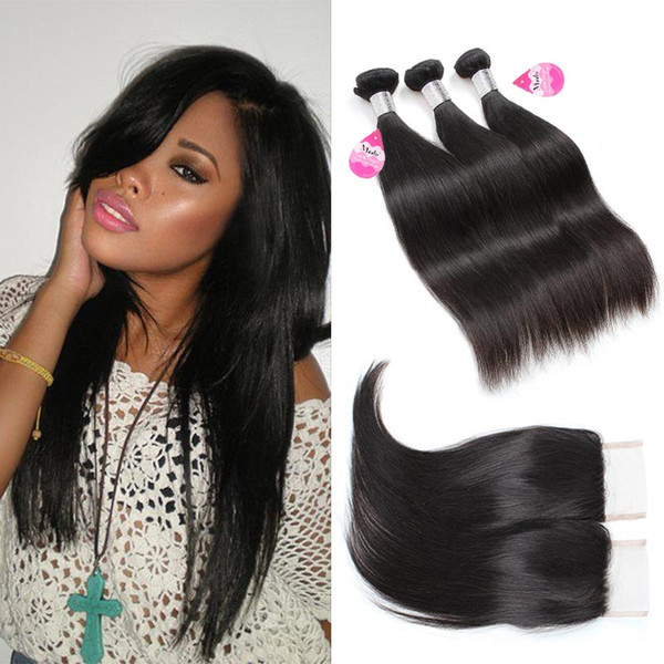 3 Bundles Silky Straight Brazilian Virgin Hair Extensions with Closure 10A Unprocessed Virgin Human Hair Weave Weft Wholesale