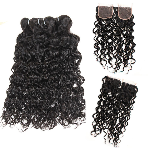 Peruvian Water Wave Bundles with Lace Closure Unprocessed Virgin Human Hair Weave Weft with Lace Closure Free Middle 3 Part Double Weft