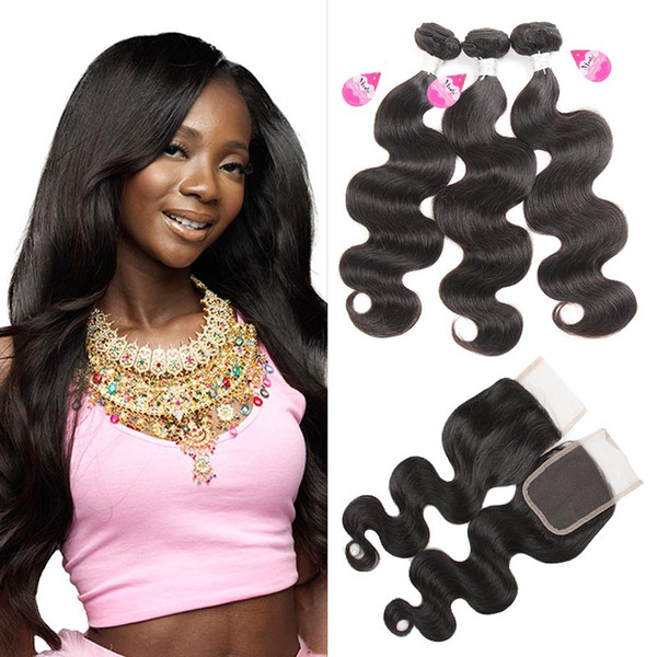 Brazilian Virgin Body Wave Human Hair with Closure 10A Brazilian Body Wave Bundles with 4*4 Free Middle 3 Part Closure Weave Bundles Wefts