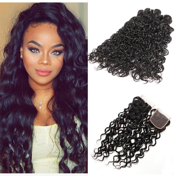 Brazilian Water Wave 3 Bundles with Closure Unprocessed Virgin Human Hair Weave Weft with Lace Closure Free Middle 3 Part Double Weft