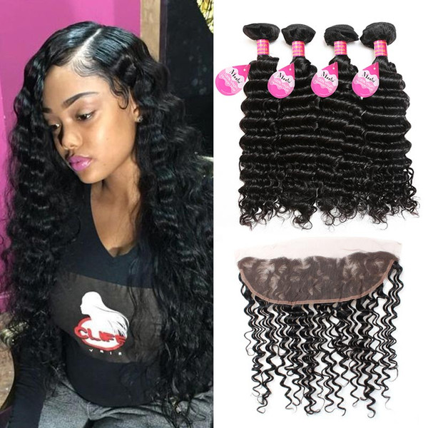 8A Grade Brazilian Virgin Deep Wave 4 Bundles with Lace Frontal Ear to Ear 13X4 Lace Frontal with Human Hair Weaves 5pcs/Lot