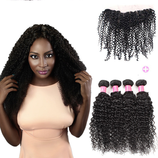 Wholesale 8A Brazilian Curly wave 4 Bundles with Frontal Ear To Ear 13x4 Lace Frontal Closure with Baby Hair Bleached Knots 