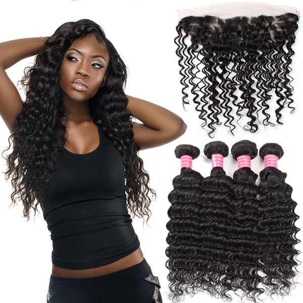 Wholesale Cheap 8A Peruvian Virgin Hair Deep Wave with Pre Plucked 13x4 Full Frontal Lace Closure Human Hair Weave Weft Bleached Knots