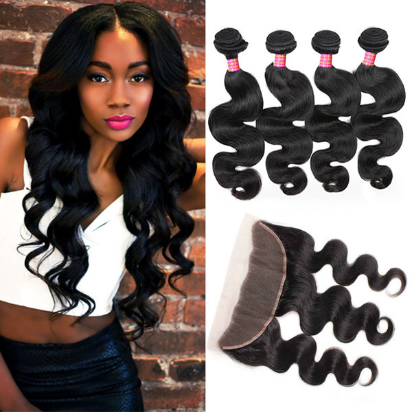 8A Brazilian Virgin Hair Bundles with Frontal 100% Unprocessed Brazilian Body Wave 13x4 Ear to ear Lace Frontal with 4 Hair Bundles