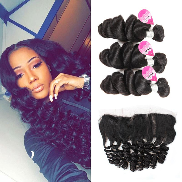 10A Brazilian Loose Wave Human Hair 3 Bundles With Loose Wave Lace Frontal Closure Brazilian Virgin Hair Bundles Loose Curly Weave