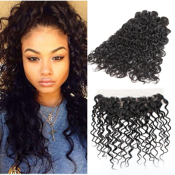 Brazilian Water Wave Virgin Hair Lace Frontal Closure with Bundles Human Hair Wet and Wavy Water Wave 3 Bundles with Closure 10A Grade