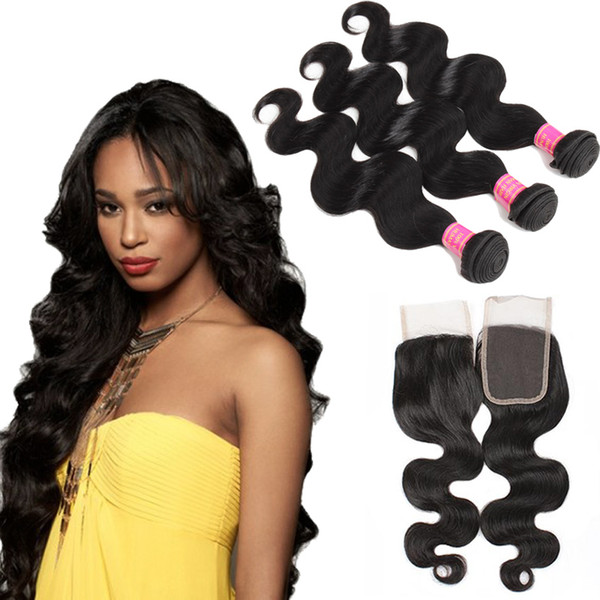 Wholesale 8A Brazilian Virgin Hair With Closure Extensions 3 Bundles Peruvian Body Wave With 4x4 Closure Unprocessed Virgin Human Hair Weave