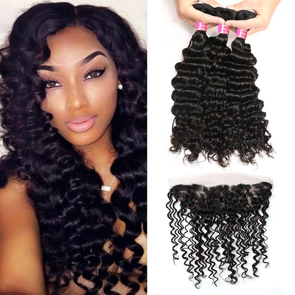 Brazilian Deep Wave Bundles with 13*4 Ear to Ear Lace Frontal Closure 8A Brazilian Deep Curly Virgin Human Hair Weave Weft Extension