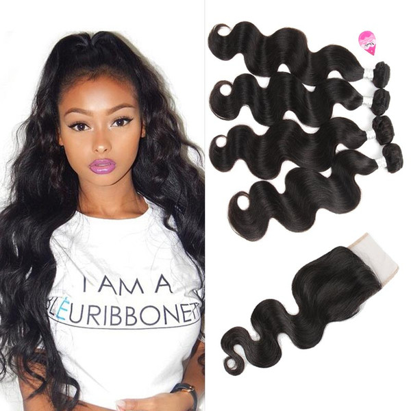 Brazilian Body Wave Virgin Hair Weave with Closure Brazilian Peruvian Indian Malaysian 4x4 Lace Closure with Bundles Remy Human Hair Wefts