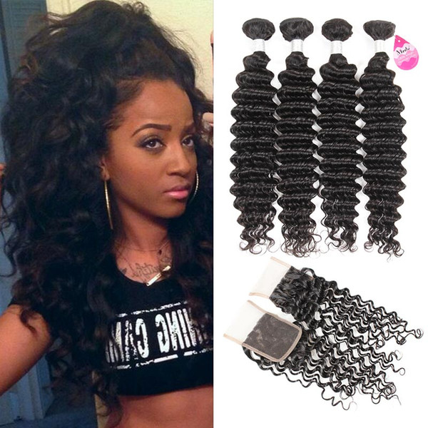 Lace Closure with Bundles Brazilian Virgin Hair Mink Loose Deep Wave Bundles with Closure Free Middle 3 Part Human Hair Weaves