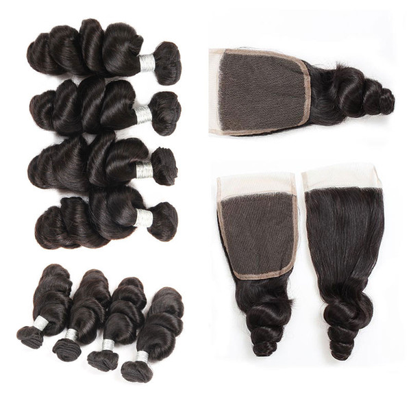 10A Peruvian Virgin Human Hair Loose Wave with Bundles Unprocessed Virgin Human Hair Bundles With 4x4 Lace Closure Natural Color