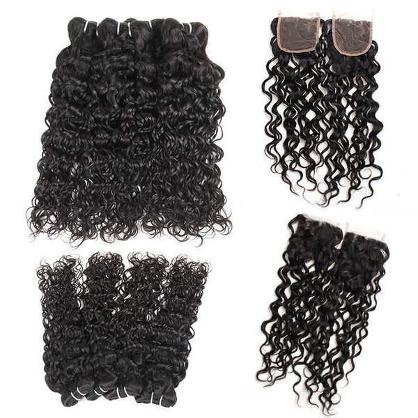 Water Wave Bundles with Closure Virgin Peruvian Indian Malaysian Wavy Human Hair Weaves Closure Cheap Human Hair Weave Bundles For Wholesale