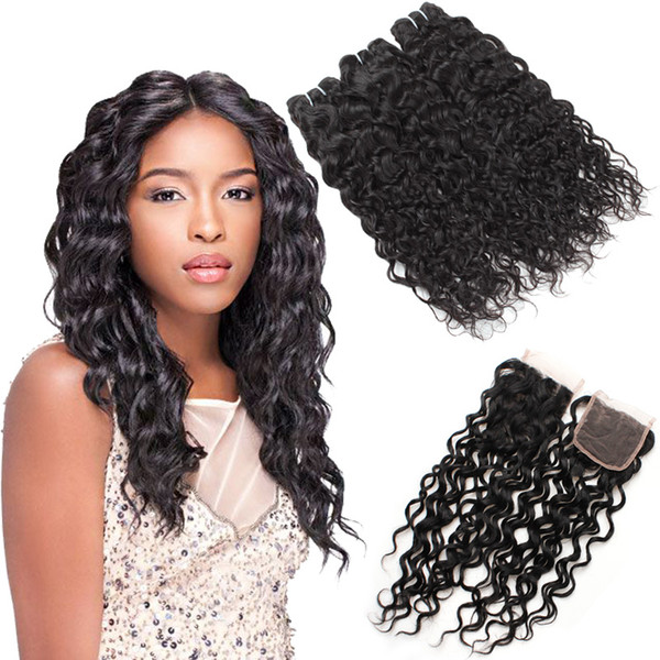 Wholesale 8A Brazilian Water Wave 3 Bundles with 4*4 Lace Closure Wet and Wavy Unprocessed Virgin Hair Extensions Free/Middle/Three Part