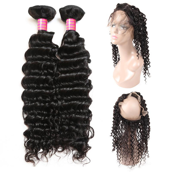 8A 360 Lace Frontal with Bundles Deep Wave Human Hair Pre Plucked for Black Women 2 Bundles Brazilian Hair Deep Wave Wholesale