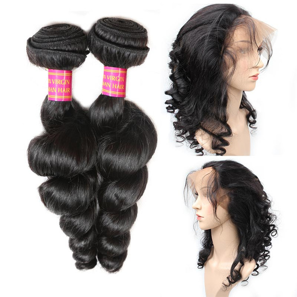 Loose Wave with 360 Lace Frontal 8A Grade 2 Bundles Brazilian Loose Wave Virgin Human Hair Extensions with 360 Free Part Lace Frontal