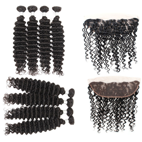 Deep Wave 4 Bundles With 13x4 Lace Frontal Closure Brazilian Deep Wave Virgin Hair Weave Bundles Human Hair Extensions