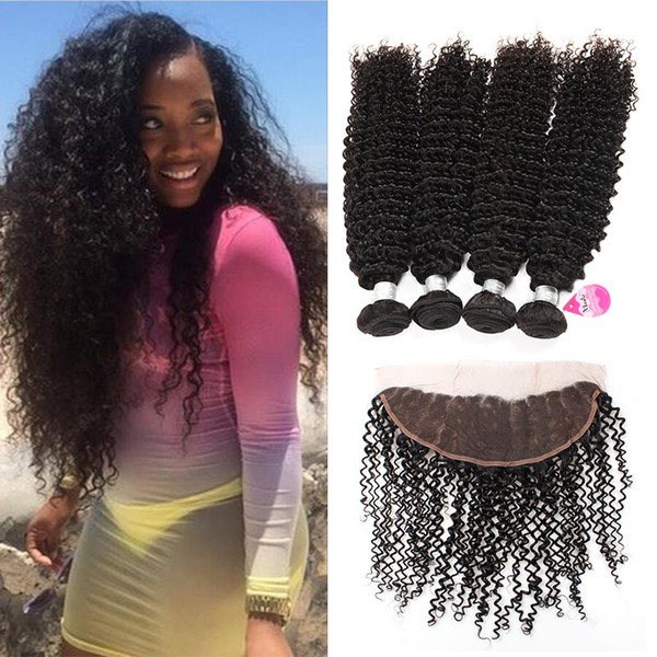 Peruvian 13x4 Lace Frontal Closure With Kinky Curly Hair Bundles 10A Virgin Hair kinky Pre Plucked Frontal With 4 Bundles Human Hair