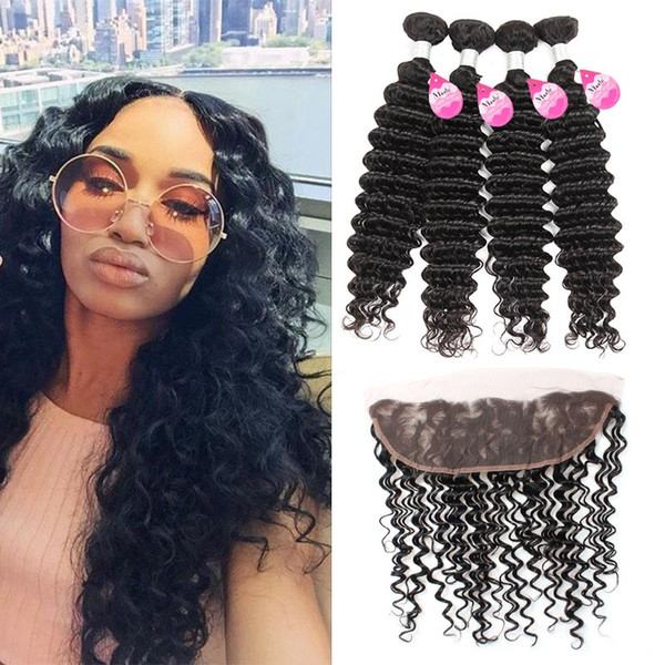 Deep Wave Ear to Ear Lace Frontal Closure With 4 Bundles 10A Brazilian Deep Wave Virgin Hair Peruvian Indian Malaysian Human Hair Bundles