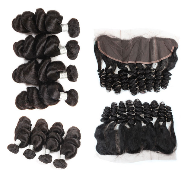 Peruvian Loose Wave 4 Bundles with Lace Frontal 13x4 Ear to Ear Closure Free Part Unprocessed 10A Virgin Human Hair Natural Color