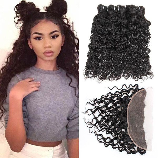 Wholesale Price 10A Wet And Wavy Human Hair Bundles With 13*4 Lace Frontal Water Wave Swiss Frontal With Hair Weaves 4 Bundles