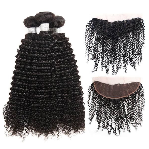 Brazilian Kinky Curly Hair Bundles Afro Kinky Human Hair Weaves 3 Bundles Human Hair with Lace Frontal Closure 10A Grade Natural Color