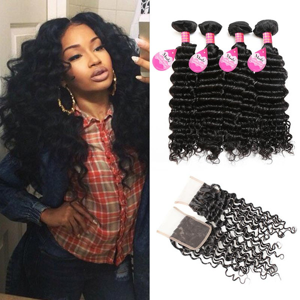 Mink Hair 8A Peruvian Deep Wave 4 Bundles With Closure Buy Cheap Brazilian Malaysian Indian Human Hair Weave Bundles With Closure Wholesale