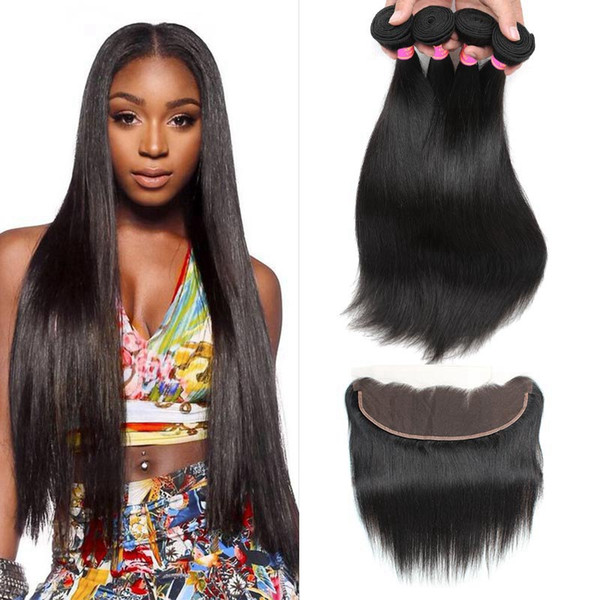 Ear to Ear Lace Frontal Closure with Bundles Brazilian Virgin Silky Straight 13x4 Frontal With Bundles Deals Remy Human Hair Weave 5pcs lot