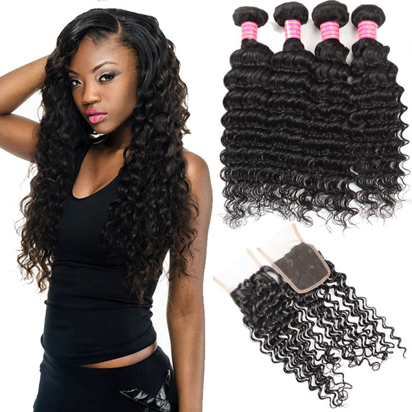 Malaysian Deep Wave 4 Bundles With Closure Wholesale Price 8A Grade Virgin Human Hair Extensions Free/Middle/Three Part Bleached Knots