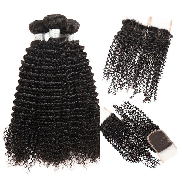 Brazilian Kinky Curly Virgin Hair Weave with Closure Free Middle 3 Part Double Weft Human Hair Extensions Dyeable Human Hair Weave