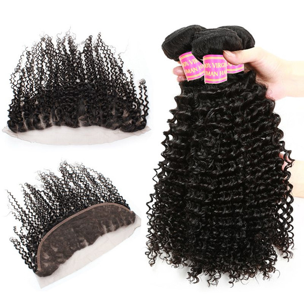 Brazilian Virgin Hair Kinky Curly with 13x4 Lace Frontal Unprocessed Virgin Human Hair Products Extensions Closure with Baby Hair