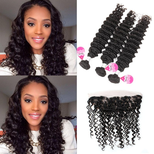 Deep Wave Human Hair Extensions Weft 10A Malaysian human hair 3 Bundles With 13X4 Lace Frontal Closure Hair Bundles With Frontal