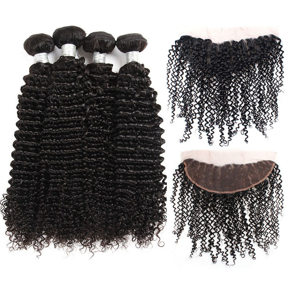 10A Brazilian Afro Kinky Curly Hair Bundles With Lace Frontal Closure 4 Bundles Unprocessed Virgin Human Hair Weaves Closure Extensions