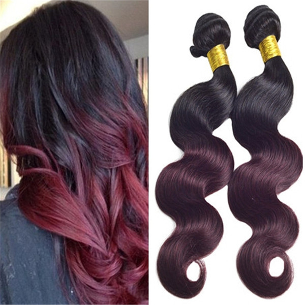 Dark Root Ombre 1B 99J Burgundy Two Tone Human Hair Weft Bundles Wine Red Ombre Hair Weaves