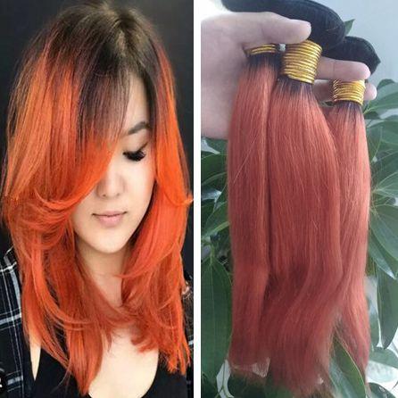 Two Tone 1B Orange Ombre Indian Hair Bundles Straight Dark Roots Orange Ombre Hair Weaves Extensions