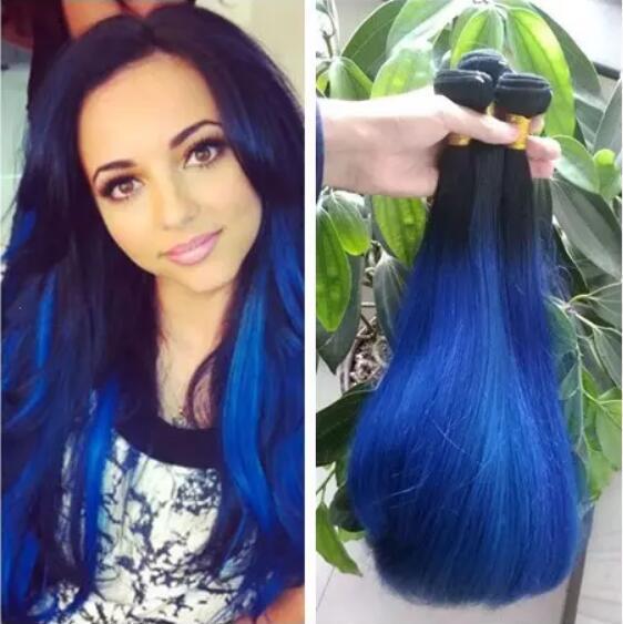 Silky Straight Ombre Hair Bundles Dark Roots 1B Blue Malaysian Virgin Human Hair Extensions Colored Two Tone Blue Ombre Weaves