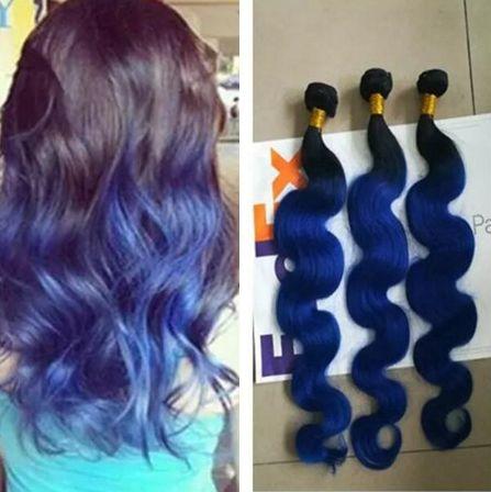 1B Blue Dark Root Ombre Virgin Indian Human Hair Bundles Two Tone Hair Weaves Blue Ombre Wavy Hair