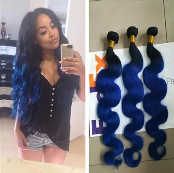 Indian 1B Blue Ombre Virgin Hair Weaves Blue Hair Bundles Two Tone Hair Weft Unprocessed 10A