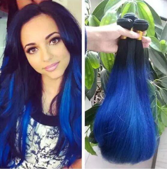 1B Blue Ombre Straight Brazilian Virgin Hair Weave Silk Straight Ombre Blue Hair Extensions Two Tone Color 3 Bundles Lot