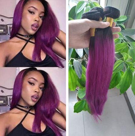 1B Purple Ombre Straight Hair 3 Bundles Brazilian Straight Human Hair Colored Two Tone Ombre Brazilian Hair Weaves 300G Lot