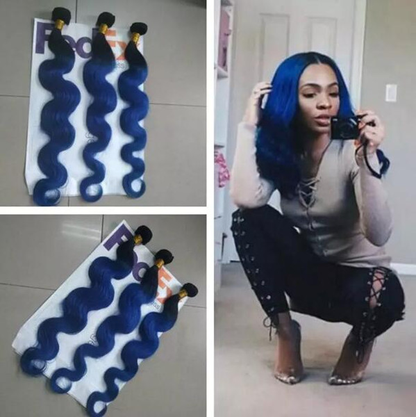 Dark Roots 1B Blue Ombre Weave Wet And Wavy Raw Indian Virgin Blue Human Hair Bundles Body Wave Two Tone Colored Ombre Hair Extensions