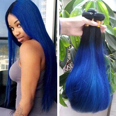 Ombre Blue Color Human Hair Weaves Dark Roots Blue Brazilian Virgin Straight Hair 3 Bundles Deals