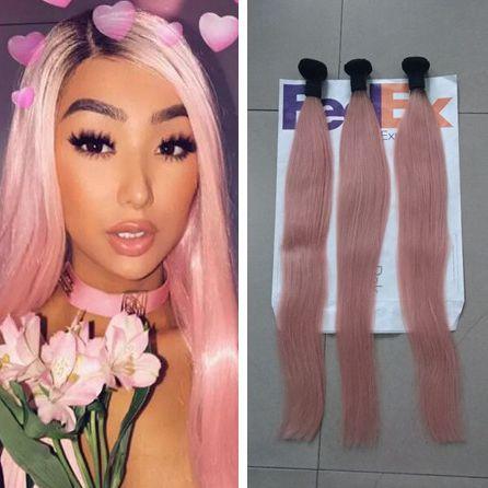 9A Top Rose Gold Ombre Human Hair Extensions Two Tone 1B Pink Ombre Brazilian Straight Hair Weave Weft 3 Bundles Lot