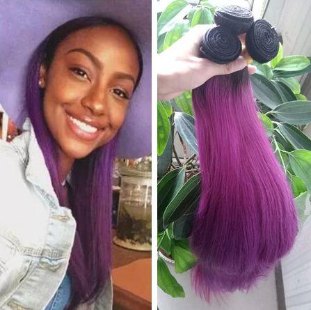 Ombre Purple Human Hair Bundles Virgin Brazilian Two Tone Colored Human Hair Extensions 4Pcs Lot Straight Ombre Hair Weaves